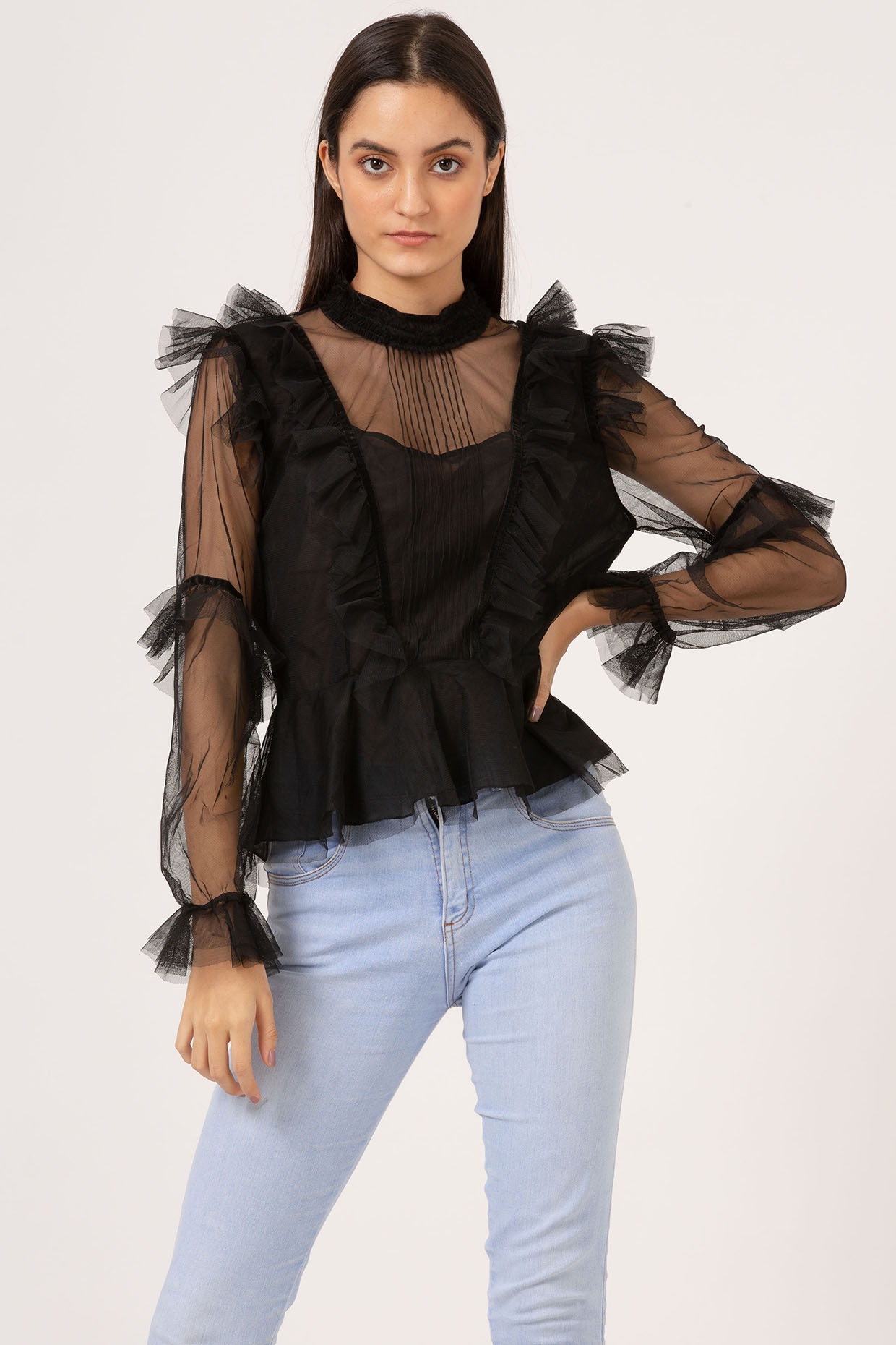 black sheer peplum top