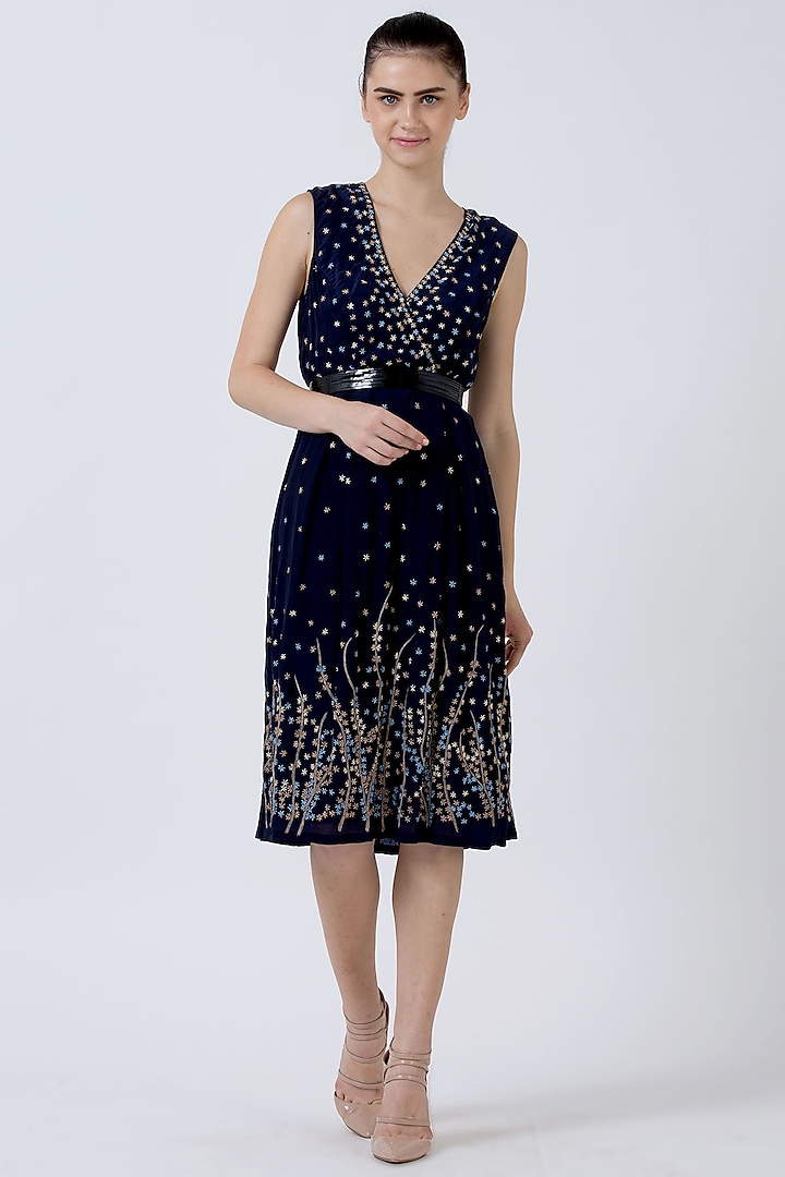 Navy Blue Garden Design Midi Dress by Geisha Designs at Pernia's Pop Up Shop