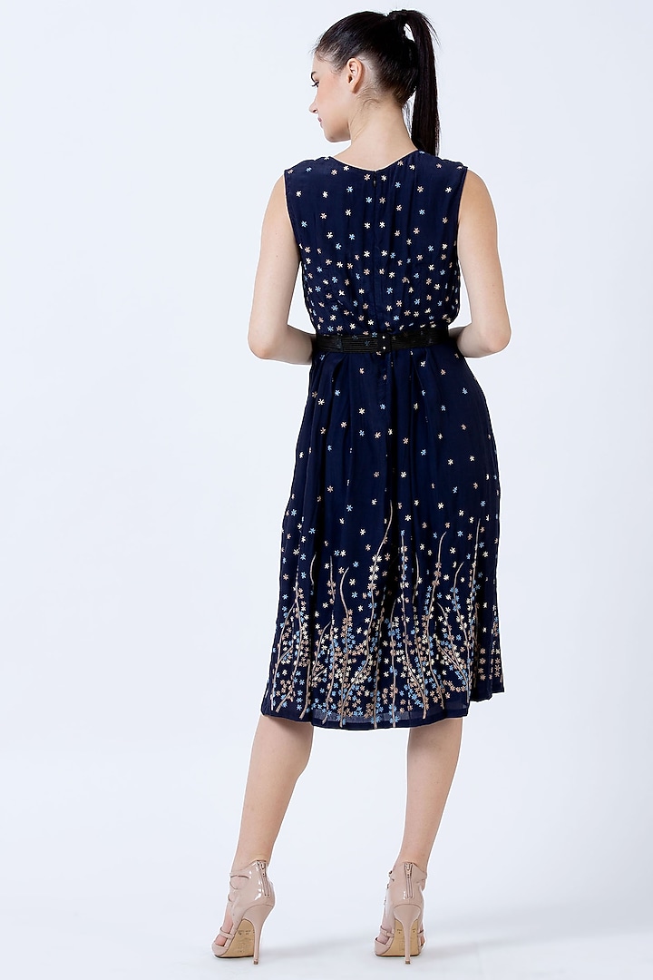 Navy Blue Garden Design Midi Dress by Geisha Designs at Pernia's Pop Up Shop