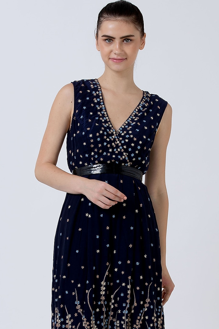 Navy Blue Garden Design Midi Dress by Geisha Designs at Pernia's Pop Up Shop