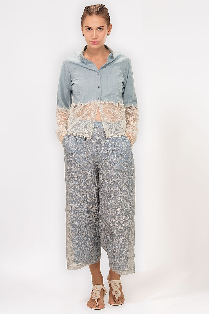 Blue Embroidered Sheet Shirt by Geisha Designs at Pernia's Pop Up Shop