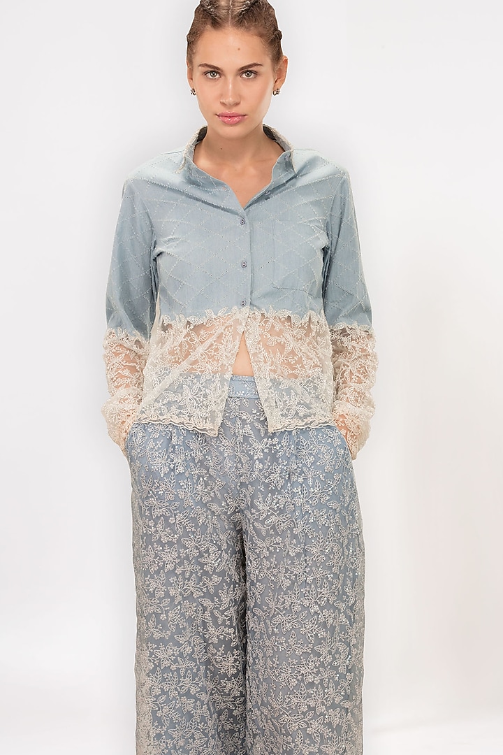 Blue Embroidered Sheet Shirt by Geisha Designs at Pernia's Pop Up Shop