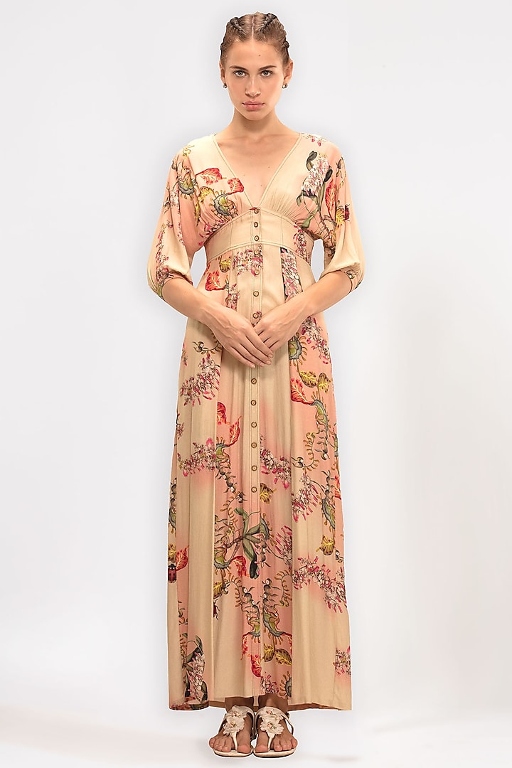 Beige Printed Maxi Dress by Geisha Designs