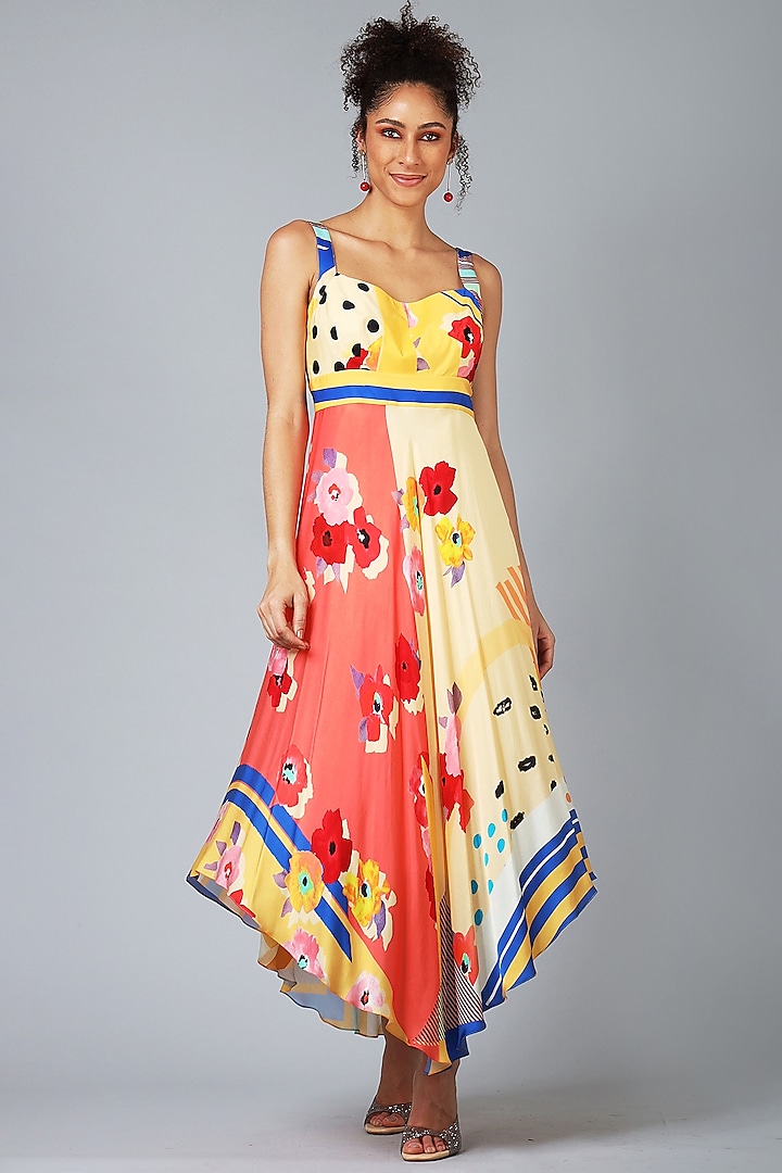Multi-Colored Asymmetrical Printed Dress by Geisha Designs