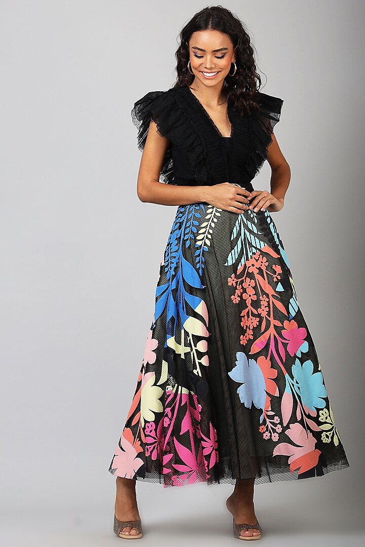 Black Poly Printed Skirt by Geisha Designs
