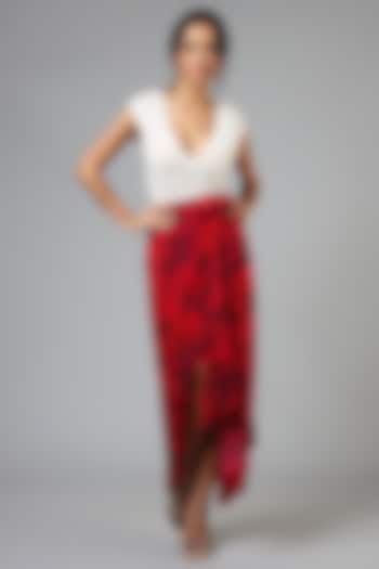 Cadmium Red Viscose Wrap Printed Skirt by Geisha Designs