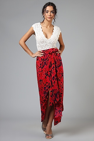 Cadmium Red Viscose Wrap Printed Skirt by Geisha Designs