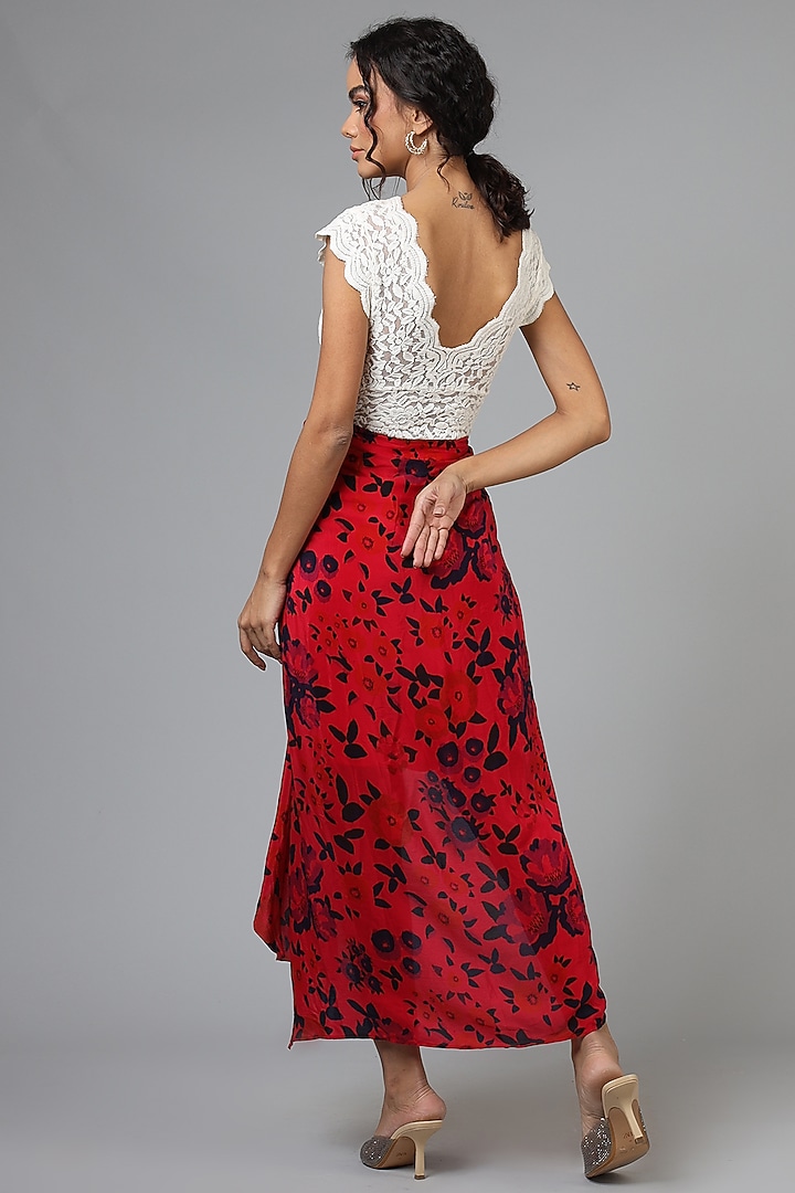 Cadmium Red Viscose Wrap Printed Skirt by Geisha Designs at Pernia's Pop Up Shop