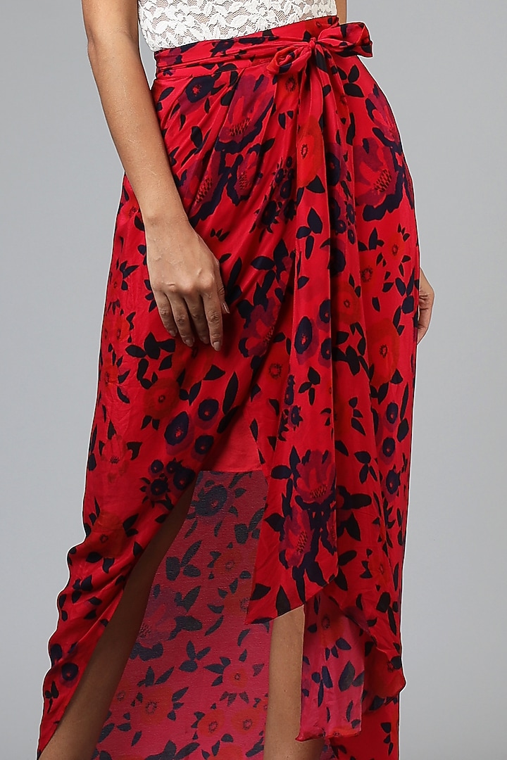 Cadmium Red Viscose Wrap Printed Skirt by Geisha Designs at Pernia's Pop Up Shop