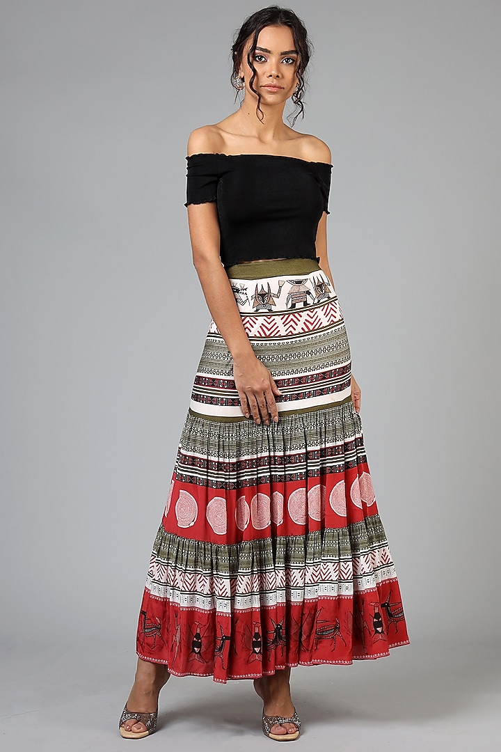 Red & Olive Green Printed Skirt by Geisha Designs