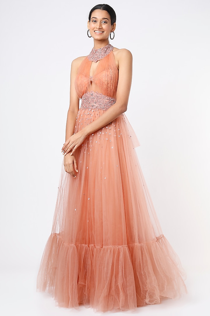 Peach Embroidered Gown by Geisha Designs