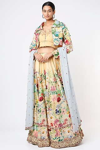 Pale Yellow Embroidered Lehenga Set by Geisha Designs