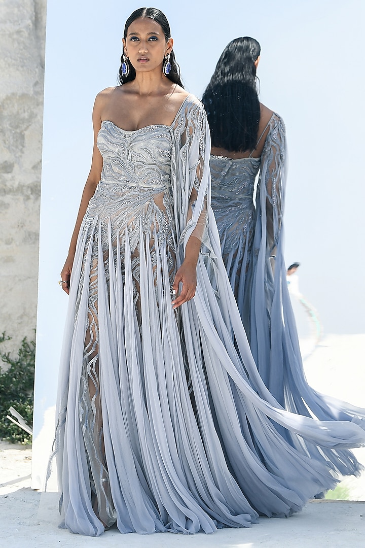 Grey Nylon & Viscose Embroidered One-Shoulder Gown by Geisha Designs