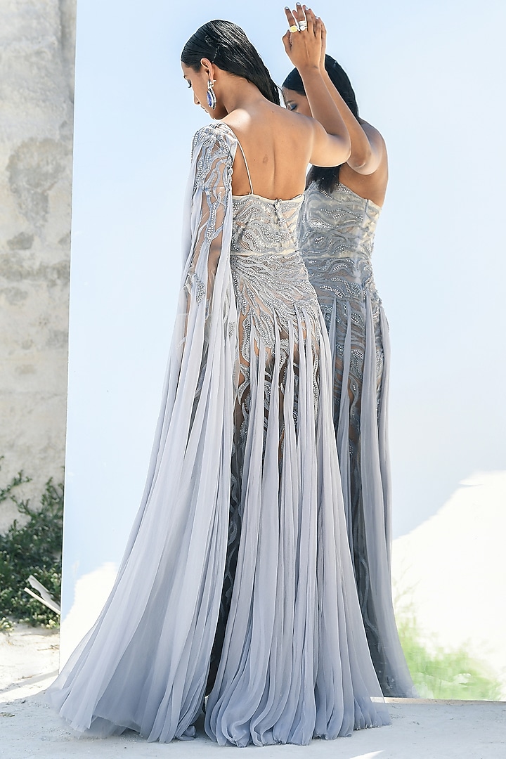 Grey Nylon & Viscose Embroidered One-Shoulder Wedding Gown by Geisha Designs at Pernia's Pop Up Shop