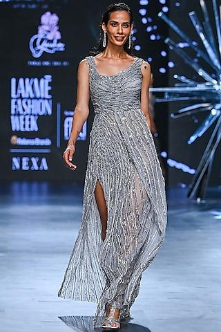 Grey & Silver Nylon Thread Embroidered Celestial Gown by Geisha Designs