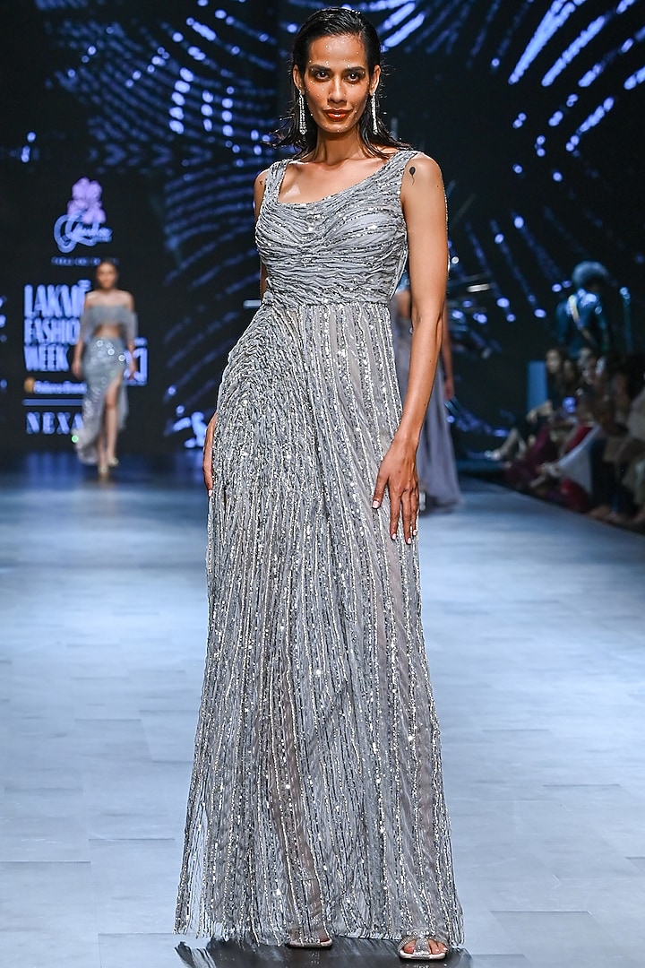 Grey & Silver Nylon Thread Embroidered Celestial Wedding Gown by Geisha Designs at Pernia's Pop Up Shop