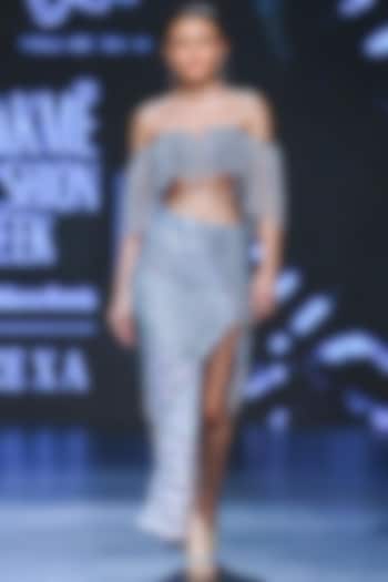 Teal Blue & White Nylon Gemstone Work Skirt Set by Geisha Designs at Pernia's Pop Up Shop