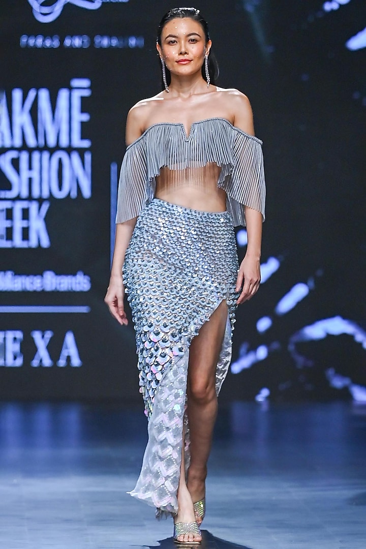 Teal Blue & White Nylon Gemstone Work Skirt Set by Geisha Designs at Pernia's Pop Up Shop