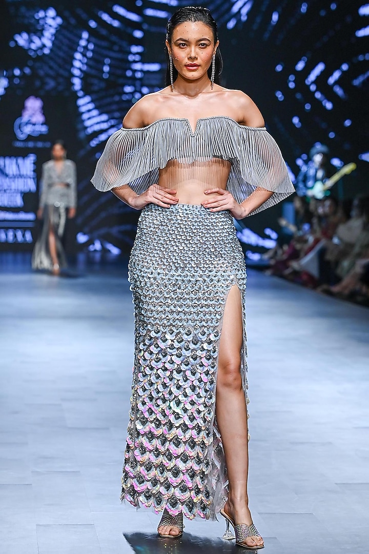 Teal Blue & White Nylon Gemstone Work Skirt Set by Geisha Designs at Pernia's Pop Up Shop
