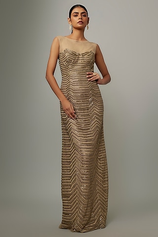 Gold Tulle Cutdana Embroidered Gown by Geisha Designs