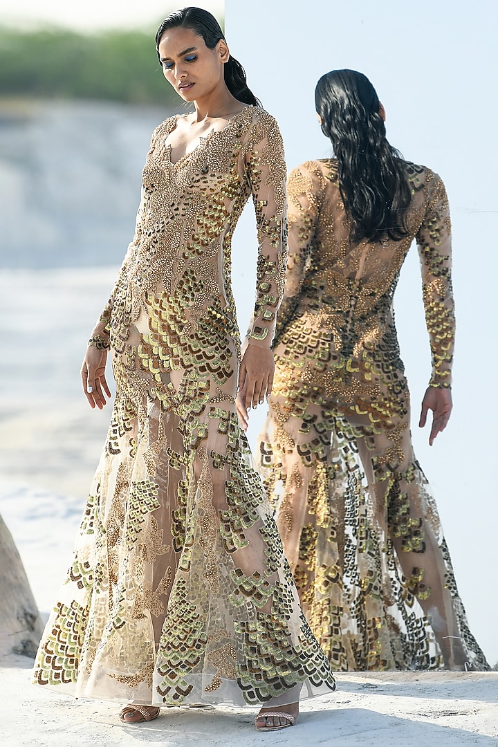 Pernia's Pop Up Shop - Geisha Designs Women Golden Nylon & Viscose Fish Scale Embroidered Gown Pernia's Pop Up Shop - Geisha Designs Women Golden Nylon & Viscose Fish Scale Embroidered Gown