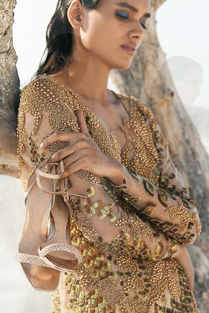 Golden Nylon & Viscose Fish Scale Embroidered Wedding Gown by Geisha Designs at Pernia's Pop Up Shop