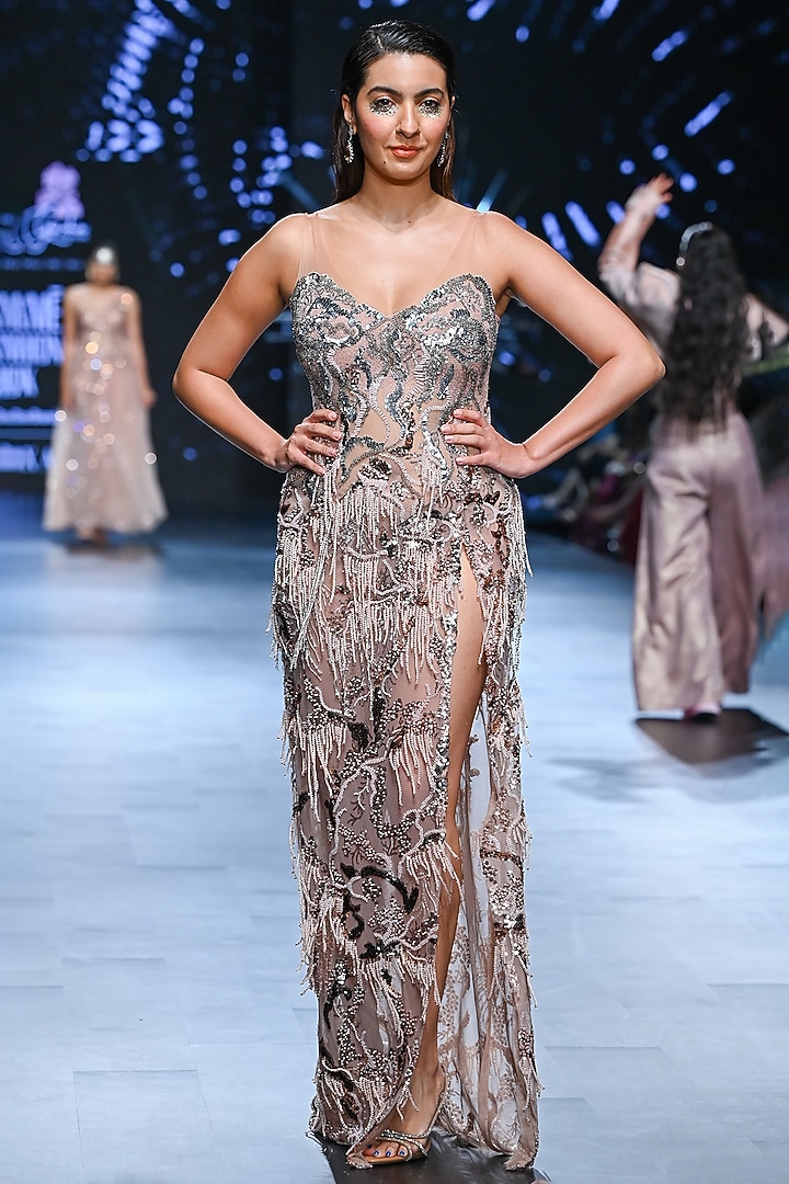 Peach & Rose Gold Nylon Sequins Embroidered Gown by Geisha Designs at Pernia's Pop Up Shop 2026 Peach & Rose Gold Nylon Sequins Embroidered Gown by Geisha Designs at Pernia's Pop Up Shop 2026