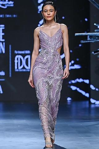 Lilac Polyester & Nylon Embellished Gown by Geisha Designs