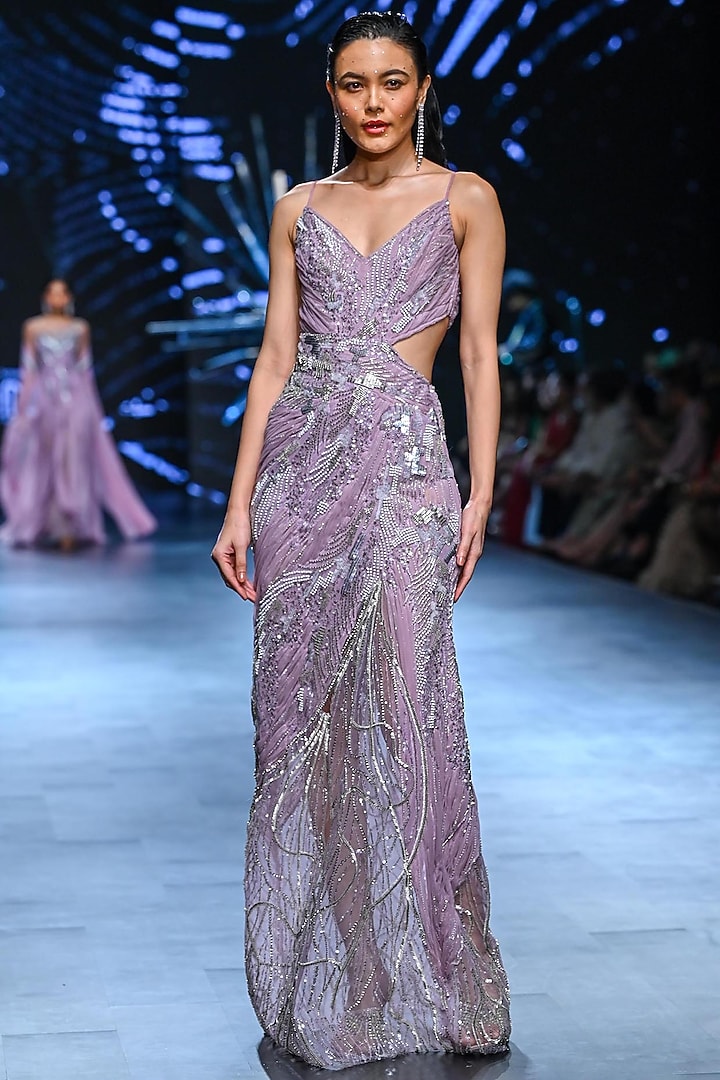 Lilac Polyester & Nylon Embellished Wedding Gown by Geisha Designs at Pernia's Pop Up Shop