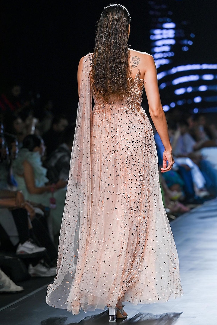 Peach Nylon & Viscose Abstract Tonal Embroidered Bridal Gown by Geisha Designs at Pernia's Pop Up Shop