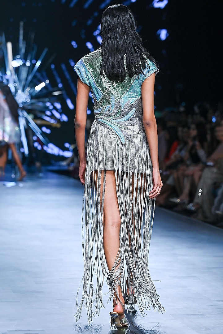Grey & Green Rexine 3D Motifs Blazer Set by Geisha Designs at Pernia's Pop Up Shop