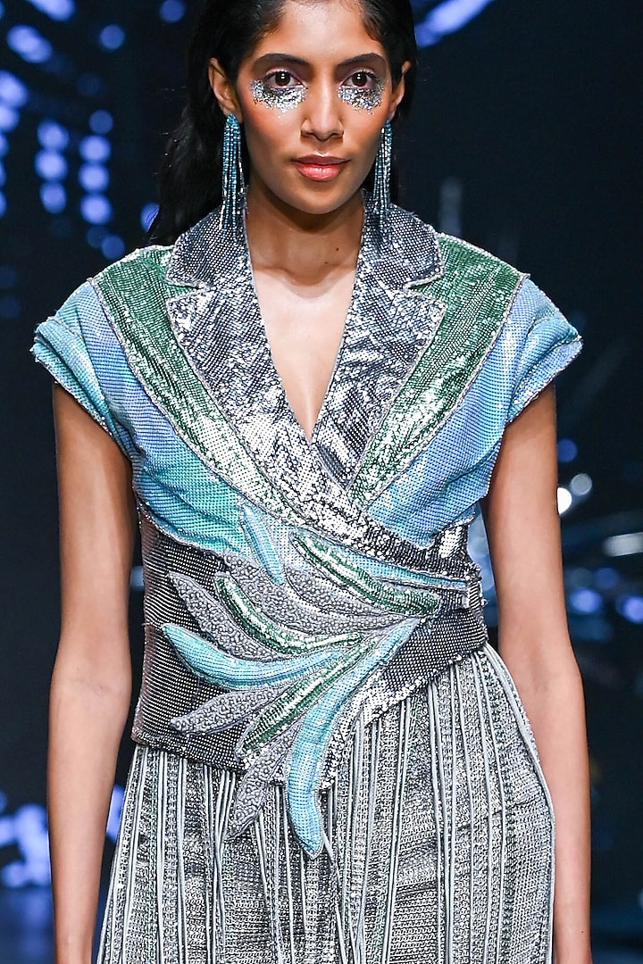 Grey & Green Rexine 3D Motifs Blazer Set by Geisha Designs at Pernia's Pop Up Shop