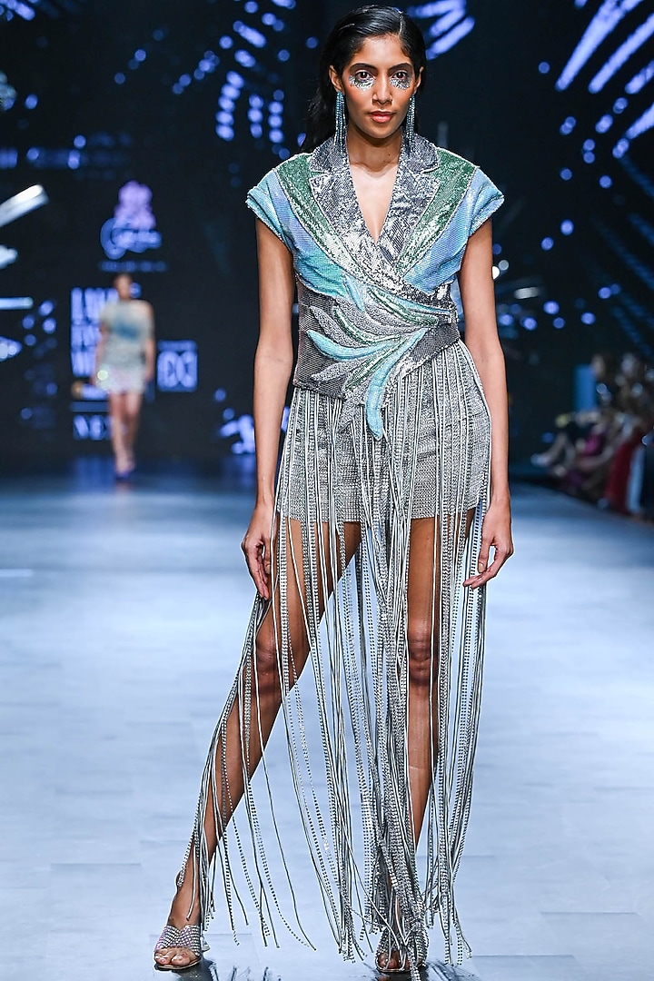 Grey & Green Rexine 3D Motifs Blazer Set by Geisha Designs at Pernia's Pop Up Shop