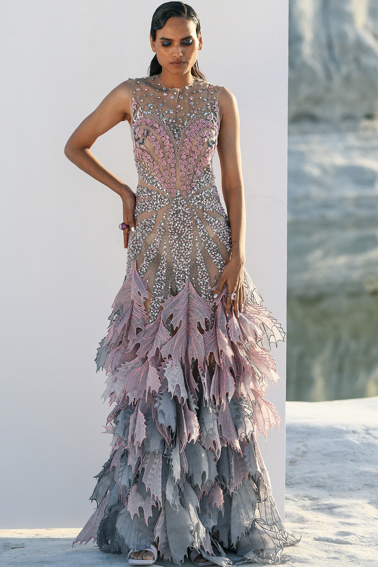 Grey & Pink Nylon Embroidered Gown by Geisha Designs at