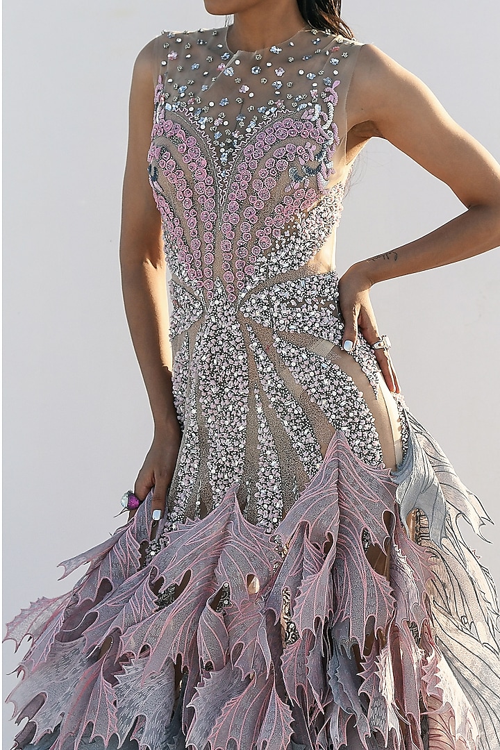 Grey & Pink Nylon Embroidered Bridal Gown by Geisha Designs at Pernia's Pop Up Shop