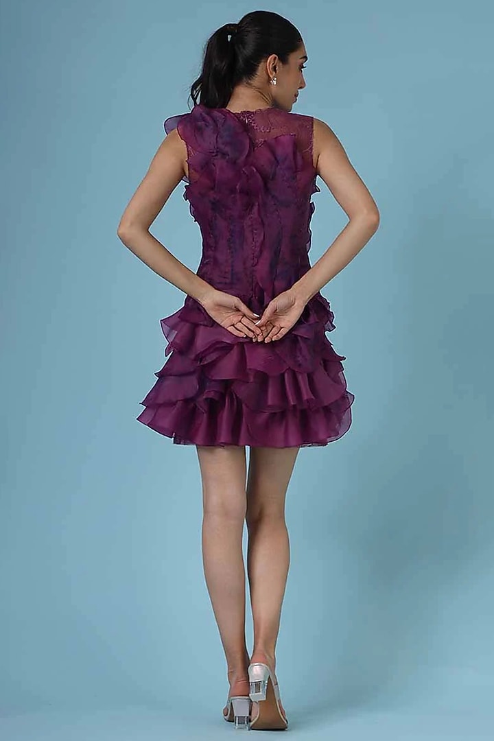 Purple Satin Organza & Lace Ruffled Cocktail Dress by Geisha Designs at Pernia's Pop Up Shop