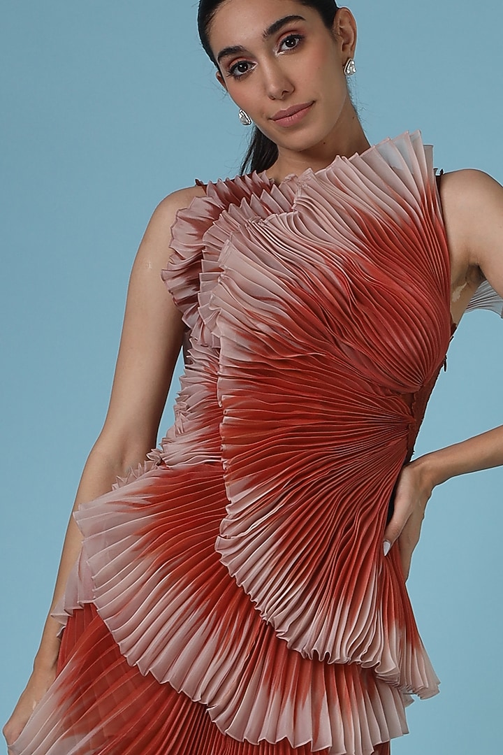 Rust Satin Organza & Lace Printed Pleated Cocktail Dress by Geisha Designs at Pernia's Pop Up Shop