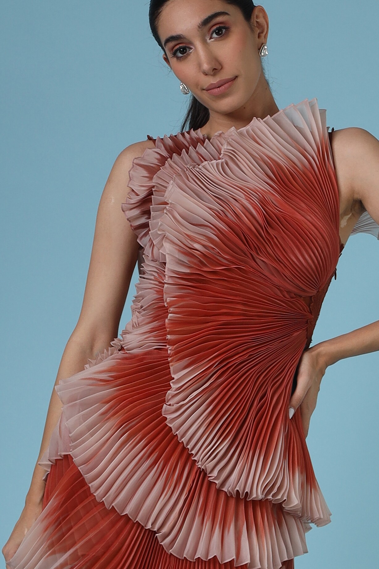 Pernia's Pop Up Shop - Geisha Designs Women Rust Satin Organza & Lace Printed Pleated Dress