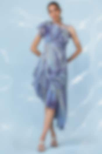 Blue Polyester & Nylon Printed Pleated Dress by Geisha Designs at Pernia's Pop Up Shop