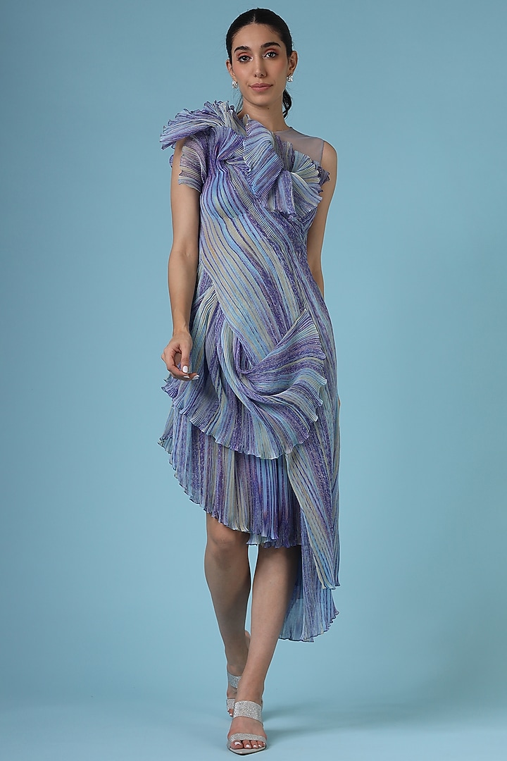 Blue Polyester & Nylon Printed Pleated Cocktail Dress by Geisha Designs at Pernia's Pop Up Shop