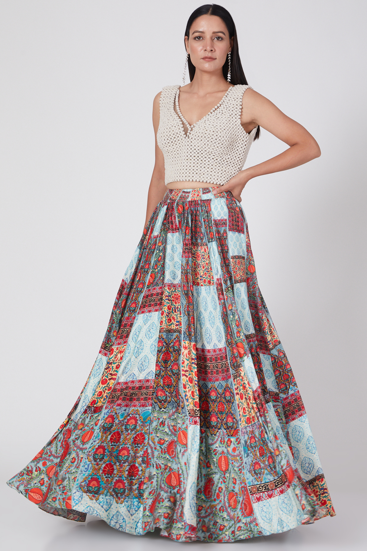 Multi Colored Printed Patchwork Wedding Lehenga Set by Geisha Designs at Pernia's Pop Up Shop