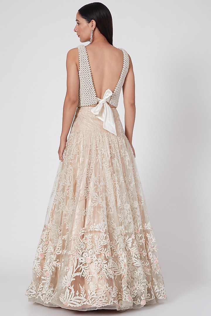 Beige Viscose & Nylon Applique Embroidered Bridal Lehenga Set by Geisha Designs at Pernia's Pop Up Shop