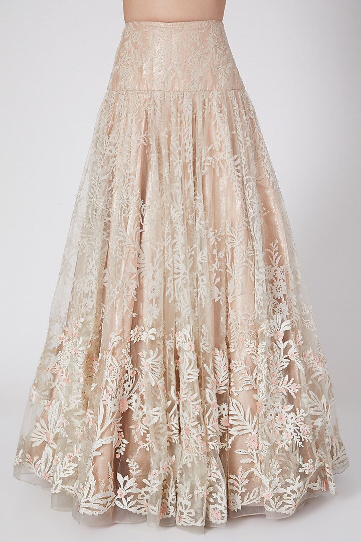Beige Viscose & Nylon Applique Embroidered Bridal Lehenga Set by Geisha Designs at Pernia's Pop Up Shop