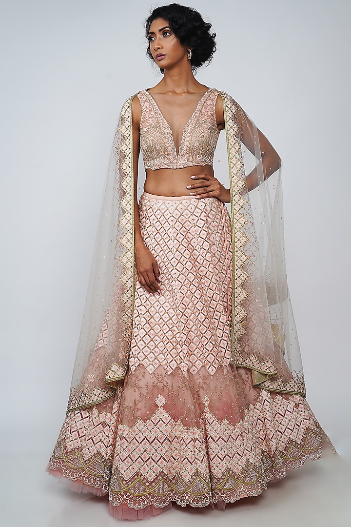 Peach Embroidered Bridal Lehenga Set by Geisha Designs at Pernia's Pop Up Shop