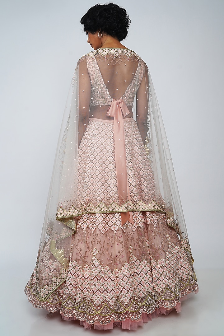 Peach Embroidered Bridal Lehenga Set by Geisha Designs at Pernia's Pop Up Shop