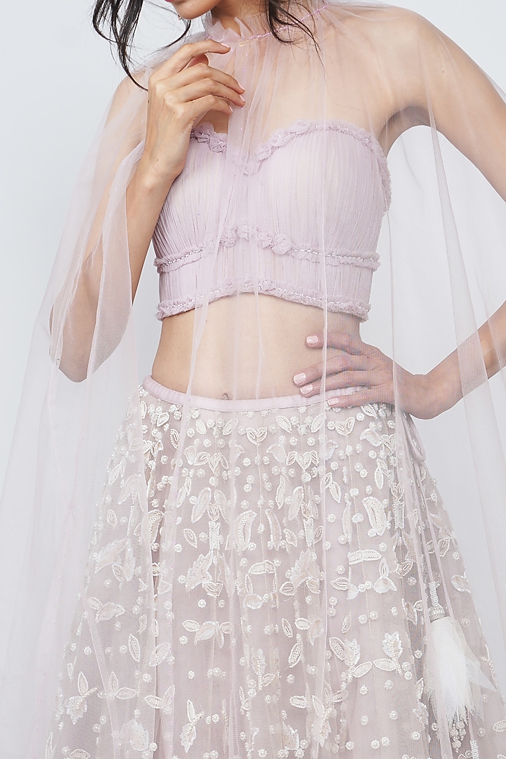 Purple Embroidered Cape Bridal Lehenga Set by Geisha Designs at Pernia's Pop Up Shop