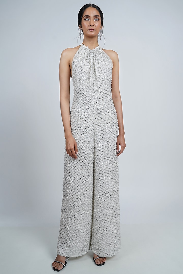White Embroidered Jumpsuit Design by Designs at Pernia's Pop Up Shop