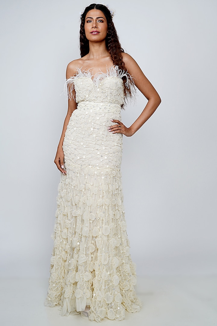 White Embroidered Gown With Belt by Geisha Designs