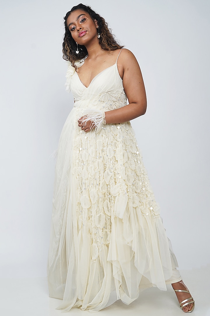 White Strappy Embroidered Gown by Geisha Designs