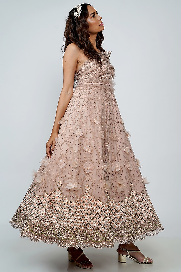 Blush Pink Embroidered Gown With Belt by Geisha Designs